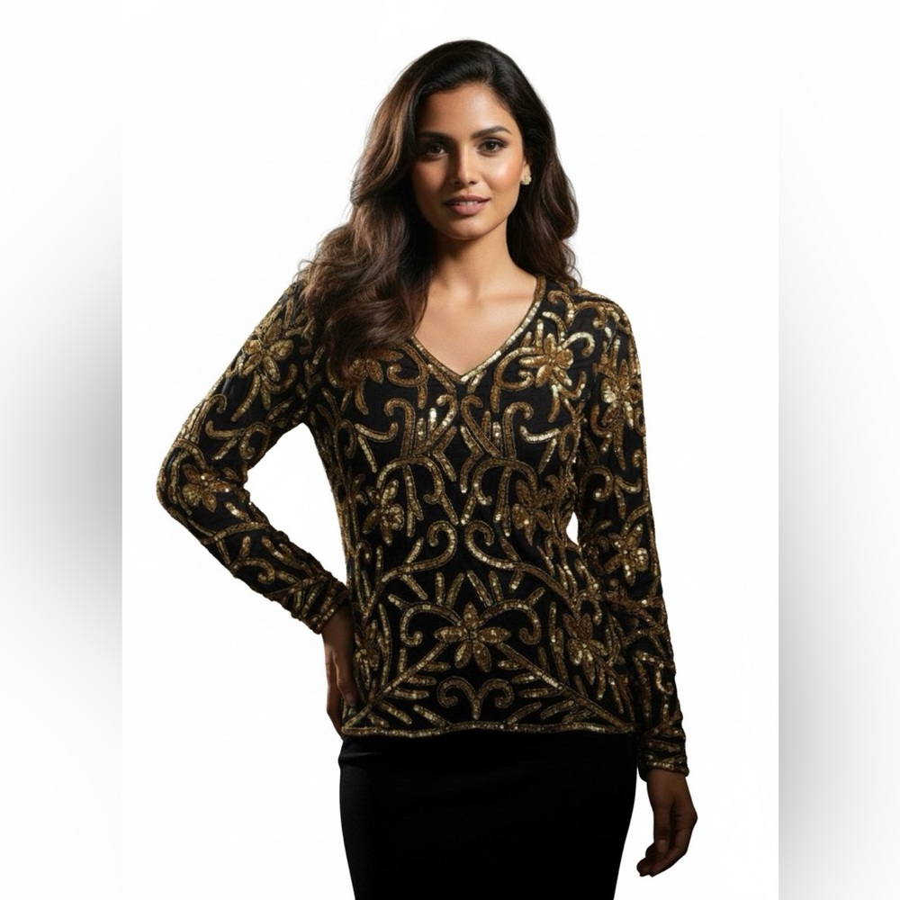 Vintage silk and beaded Elegant Black and Gold Women's Top